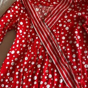 Red and white with front zipper; stripes and polka dots! purchased hemmed 1964.